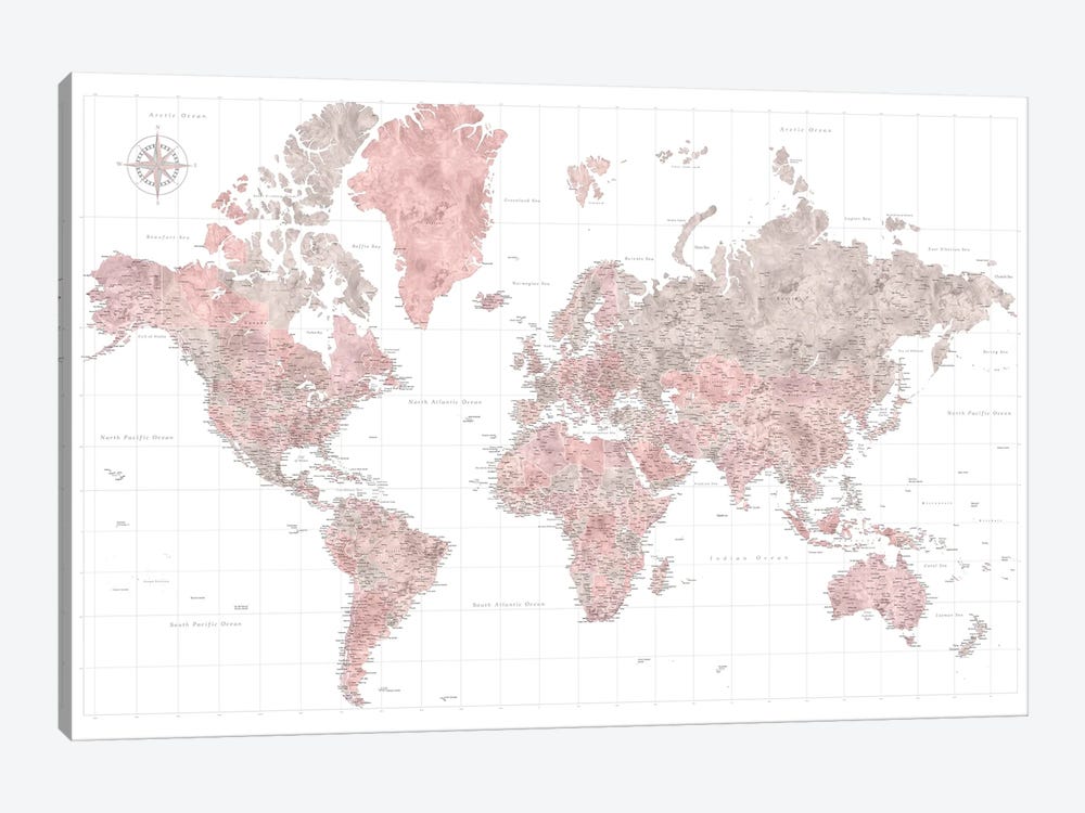 World Map In Dusty Pink And Gray With Compass by blursbyai 1-piece Canvas Print