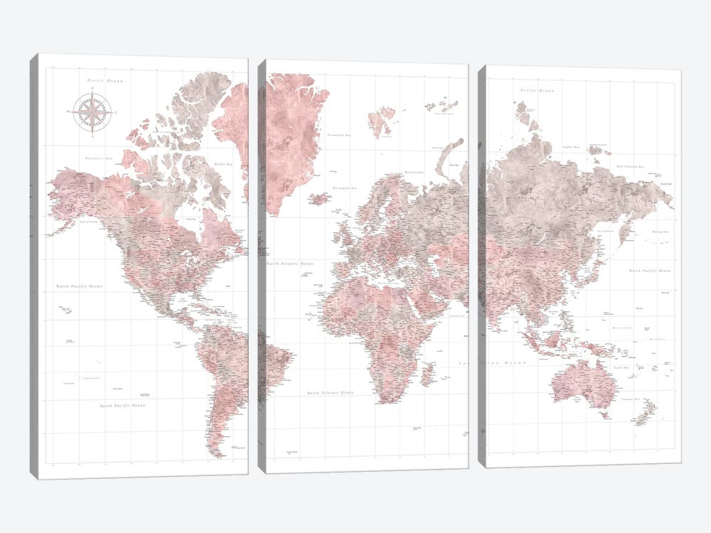 World Map In Dusty Pink And Gray With Compass by blursbyai 3-piece Canvas Print