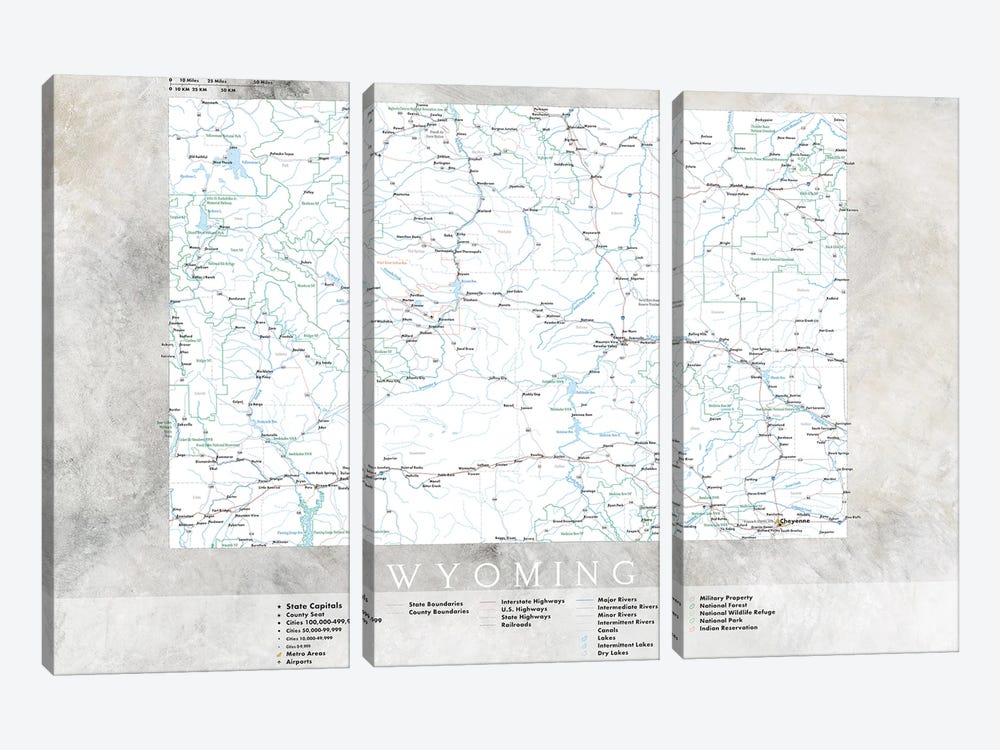 Highly Detailed Map Of Wyoming by blursbyai 3-piece Canvas Wall Art