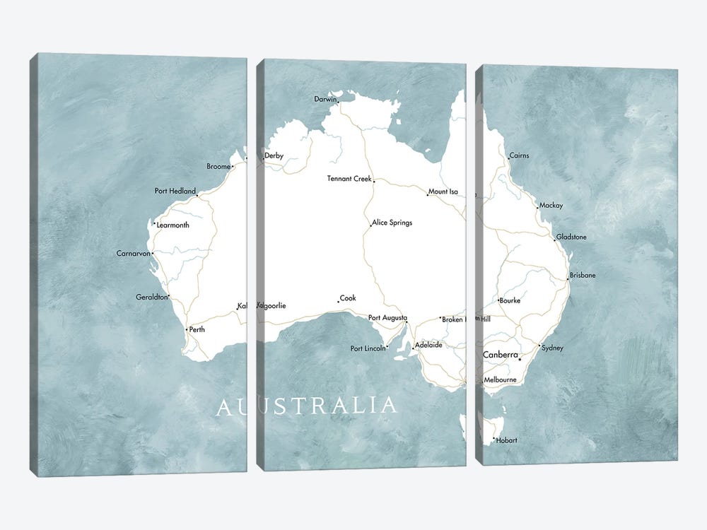 Map Of Australia In Blue by blursbyai 3-piece Canvas Art Print