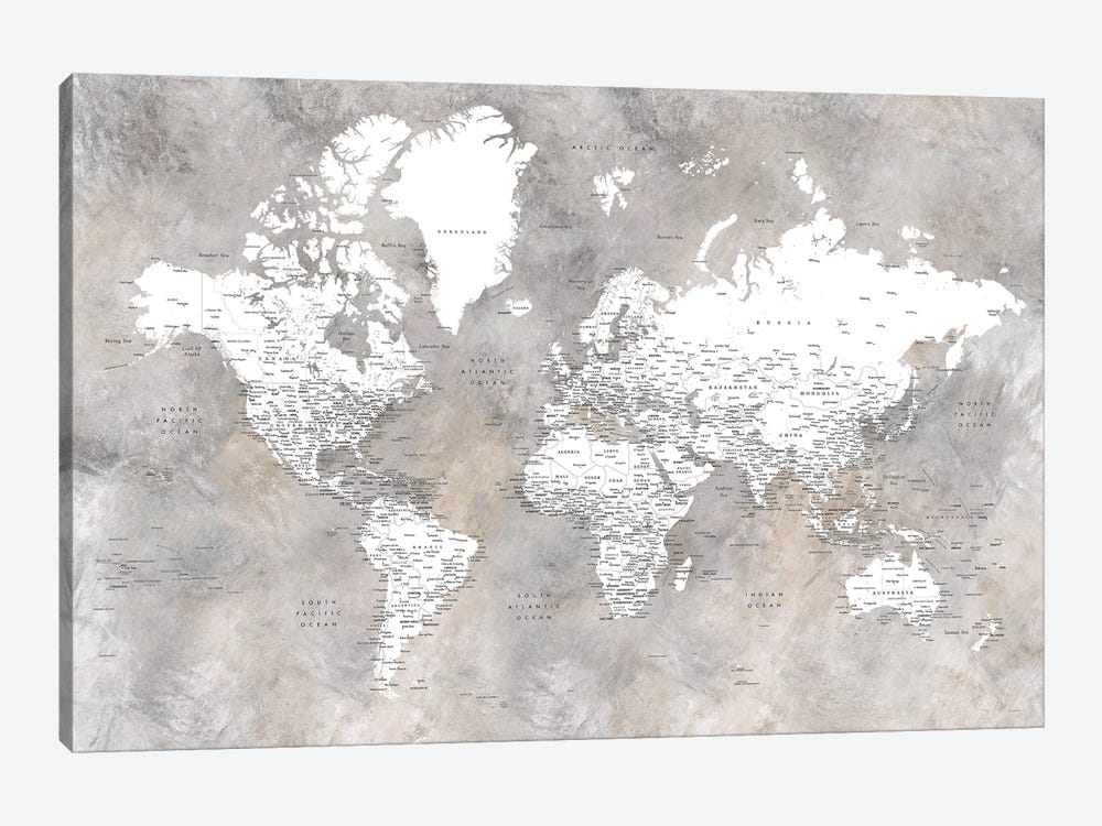 Detailed World Map In Neutrals Vali by blursbyai 1-piece Canvas Art Print