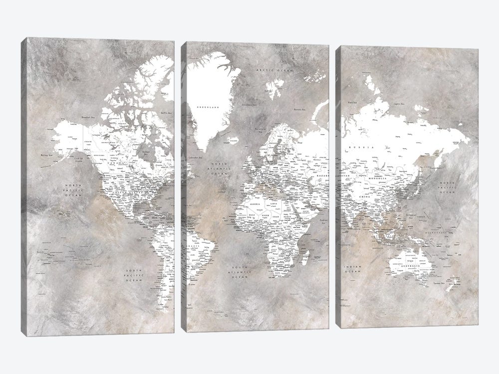Detailed World Map In Neutrals Vali by blursbyai 3-piece Canvas Print