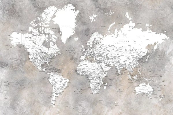 Large Map Art - Canvas Prints: Detailed World Map In Neutrals Vali by blursbyai