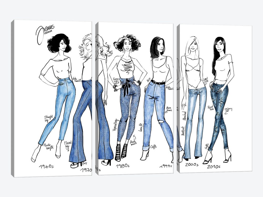 History Of Jeans Fashion Illustration by blursbyai 3-piece Canvas Wall Art