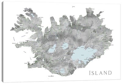 Island - Iceland Map In Gray Watercolor With Native Labels Canvas Art Print - blursbyai