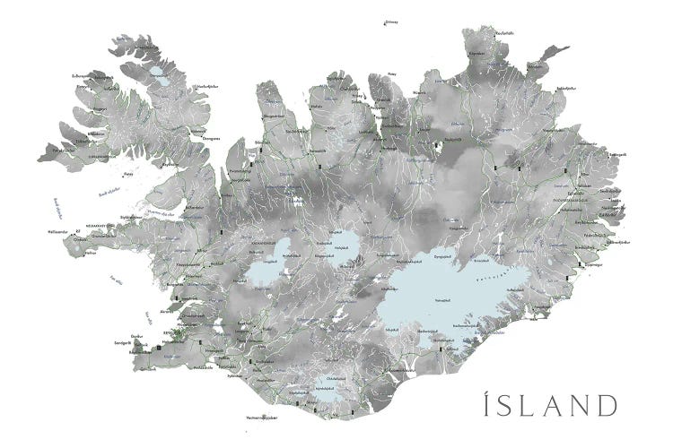 Island - Iceland Map In Gray Watercolor With Native Labels by blursbyai canvas print