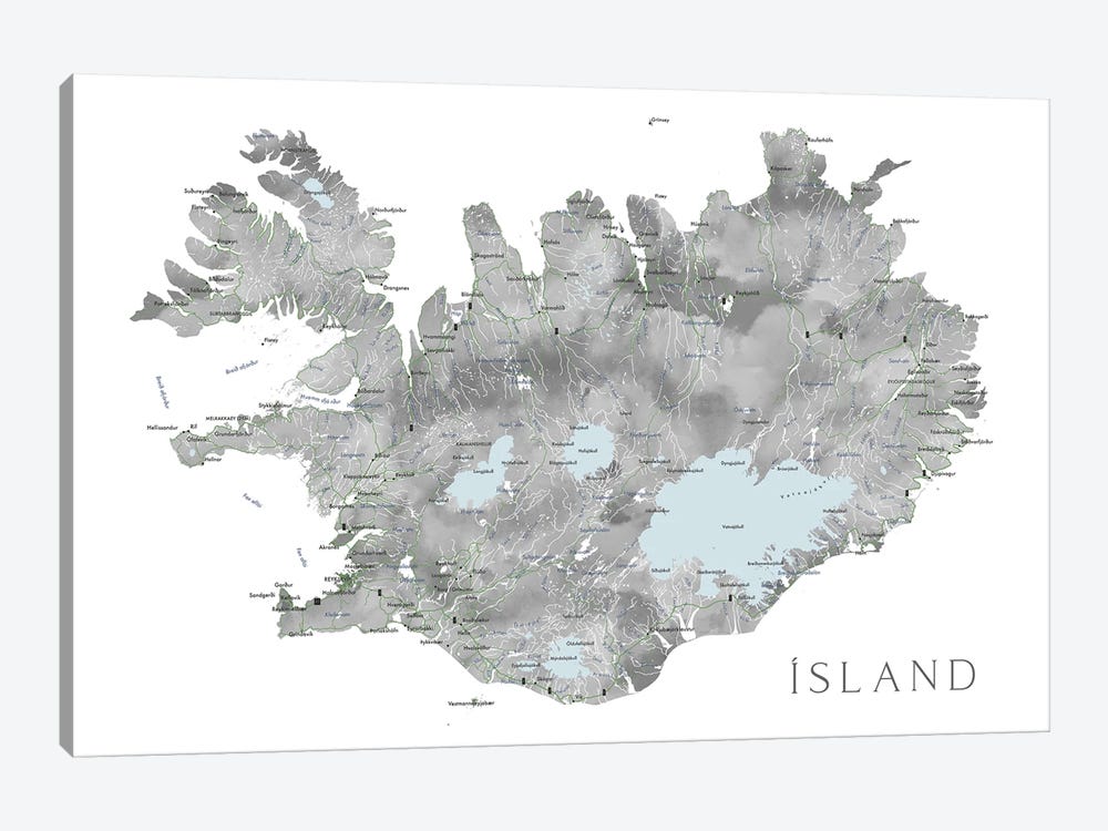 Island - Iceland Map In Gray Watercolor With Native Labels by blursbyai 1-piece Art Print