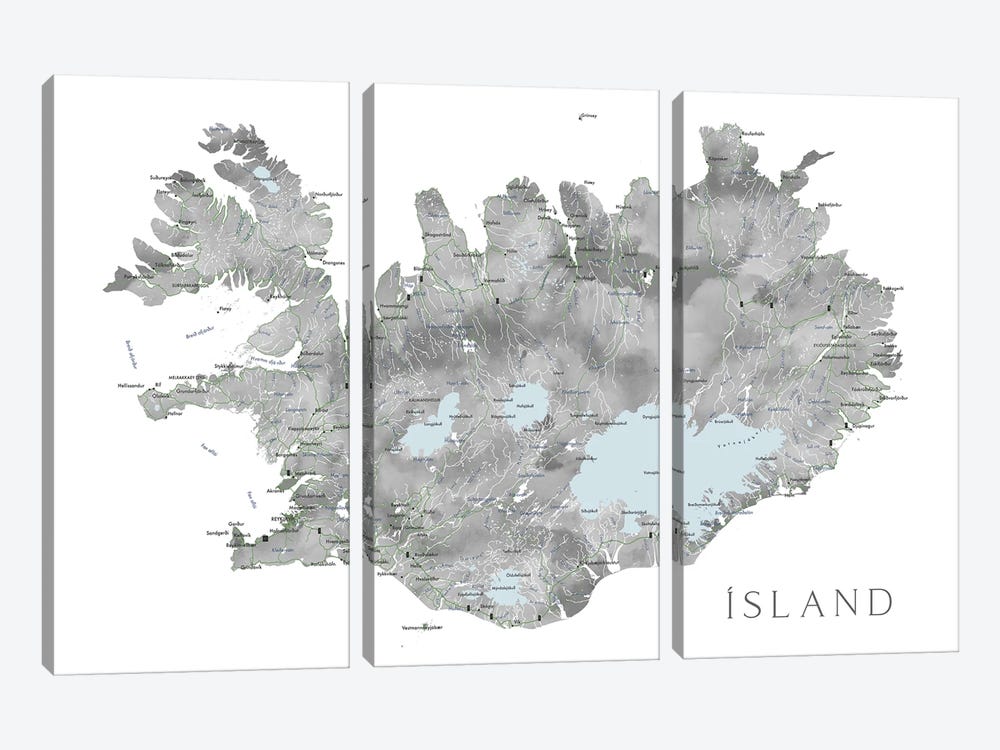 Island - Iceland Map In Gray Watercolor With Native Labels by blursbyai 3-piece Art Print