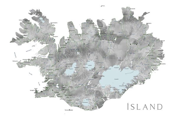 Islands: Island - Iceland Map In Gray Watercolor With Native Labels by blursbyai