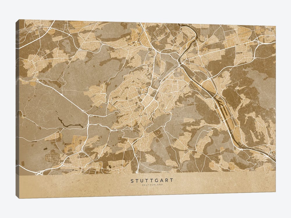 Sepia Vintage Map Of Stuttgart by blursbyai 1-piece Canvas Artwork