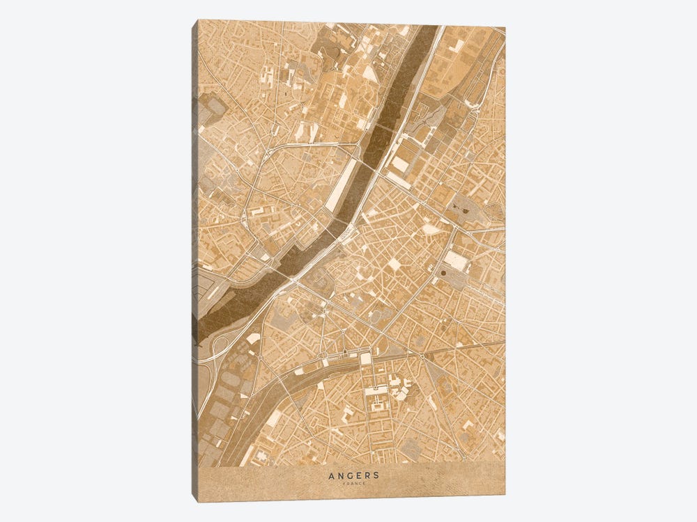 Sepia Vintage Map Of Angers Downtown (France) by blursbyai 1-piece Canvas Art