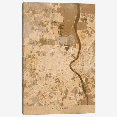 Sepia Vintage Map Of Bordeaux (France) Canvas Print #RLZ569} by blursbyai Canvas Artwork
