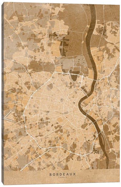 Sepia Vintage Map Of Bordeaux (France) Canvas Art Print