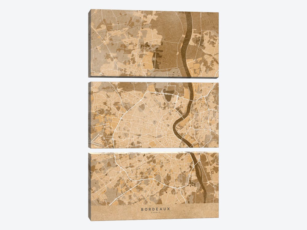 Sepia Vintage Map Of Bordeaux (France) by blursbyai 3-piece Canvas Art Print