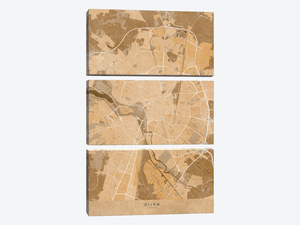 Gray Map Of Dijon (France) In Vintage Style by blursbyai 3-piece Canvas Art Print
