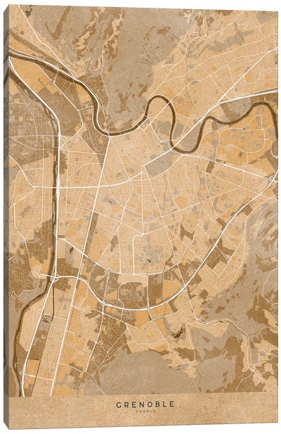Sepia Vintage Map Of Grenoble (France) Canvas Art Print