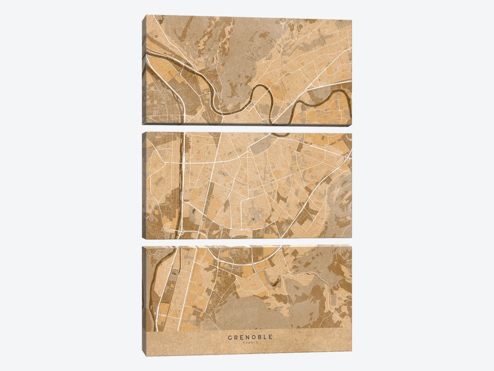 Sepia Vintage Map Of Grenoble (France) by blursbyai 3-piece Canvas Art Print