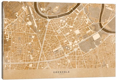 Sepia Vintage Map Of Grenoble Downtown (France) Canvas Art Print