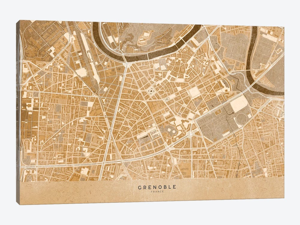 Sepia Vintage Map Of Grenoble Downtown (France) by blursbyai 1-piece Canvas Artwork