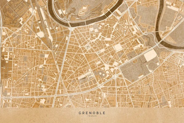blursbyai: Sepia Vintage Map Of Grenoble Downtown (France) by blursbyai