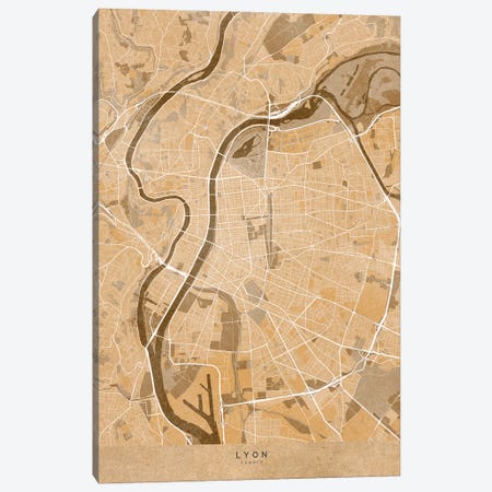 Sepia Vintage Map Of Lyon (France) Canvas Print #RLZ579} by blursbyai Canvas Art Print