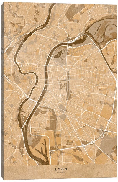 Sepia Vintage Map Of Lyon (France) Canvas Art Print