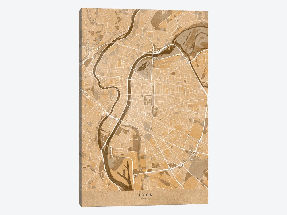 Sepia Vintage Map Of Lyon (France) by blursbyai 1-piece Canvas Art
