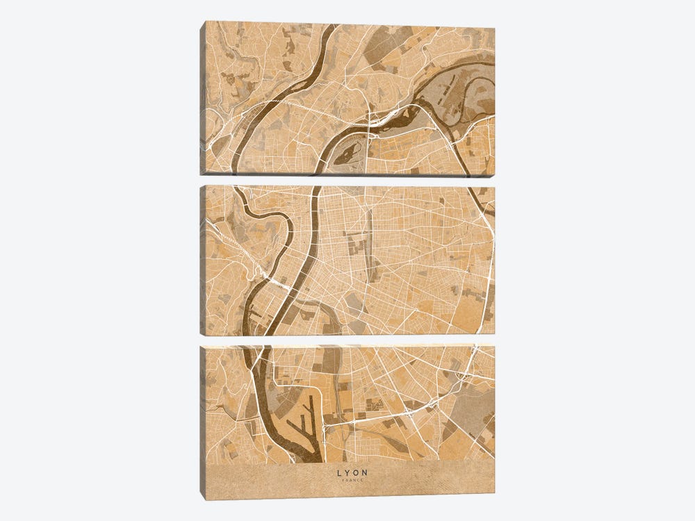 Sepia Vintage Map Of Lyon (France) by blursbyai 3-piece Canvas Wall Art