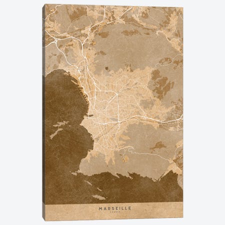 Sepia Vintage Map Of Marseille (France) Canvas Print #RLZ580} by blursbyai Canvas Art