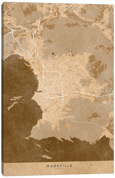Sepia Vintage Map Of Marseille (France) Canvas Art Print