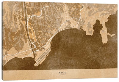 Sepia Vintage Map Of Nice (France) Canvas Art Print