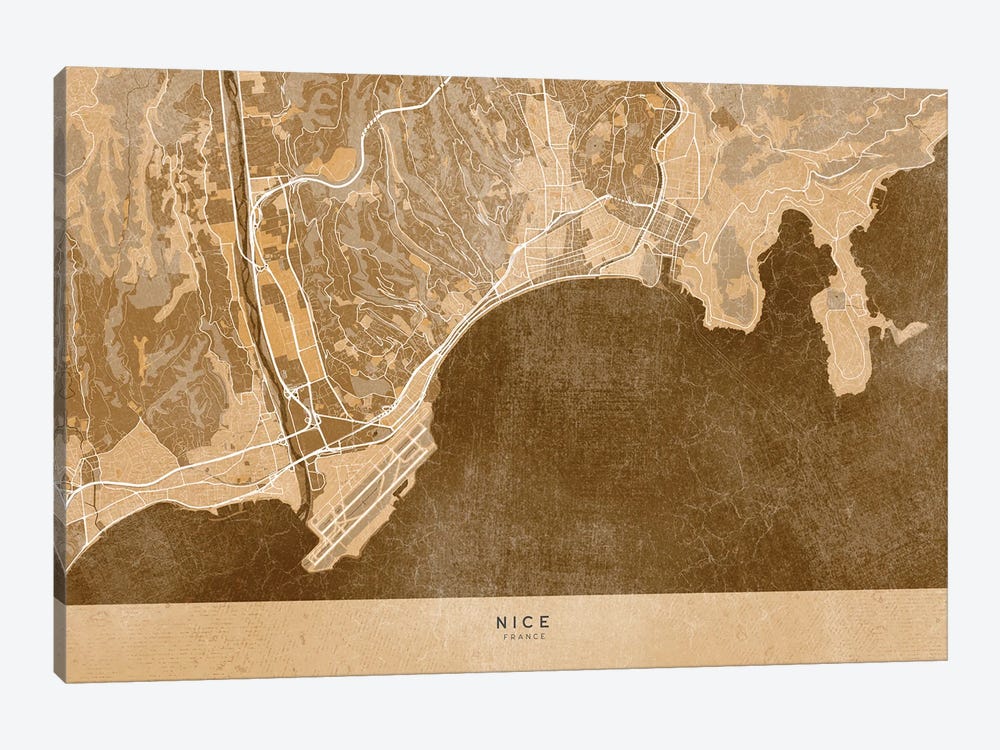 Sepia Vintage Map Of Nice (France) by blursbyai 1-piece Canvas Art