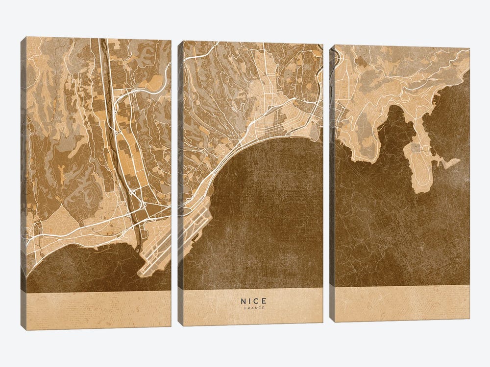 Sepia Vintage Map Of Nice (France) by blursbyai 3-piece Canvas Artwork