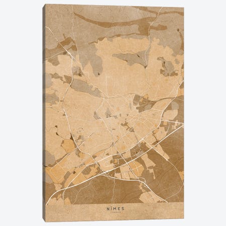 Sepia Vintage Map Of Nîmes (France) Canvas Print #RLZ588} by blursbyai Canvas Art