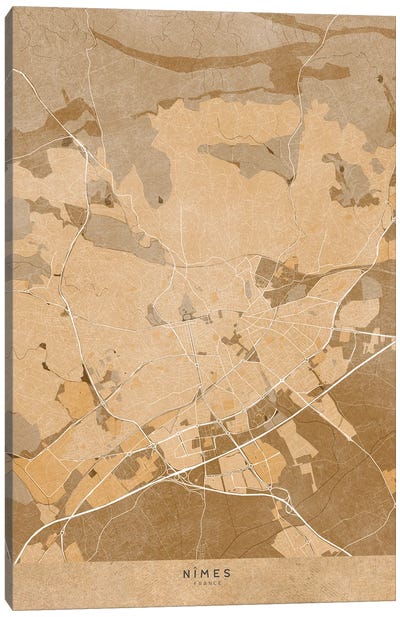Sepia Vintage Map Of Nîmes (France) Canvas Art Print - blursbyai