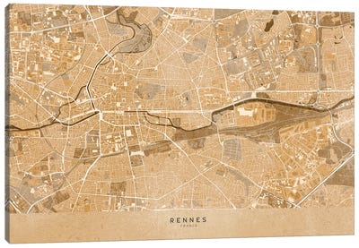 Sepia Vintage Map Of Rennes (France) Canvas Art Print - Brittany