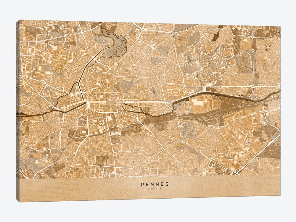Sepia Vintage Map Of Rennes (France) by blursbyai 1-piece Canvas Wall Art