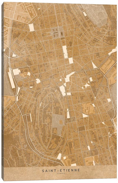 Sepia Vintage Map Of Saint Etienne Downtown (France) Canvas Art Print