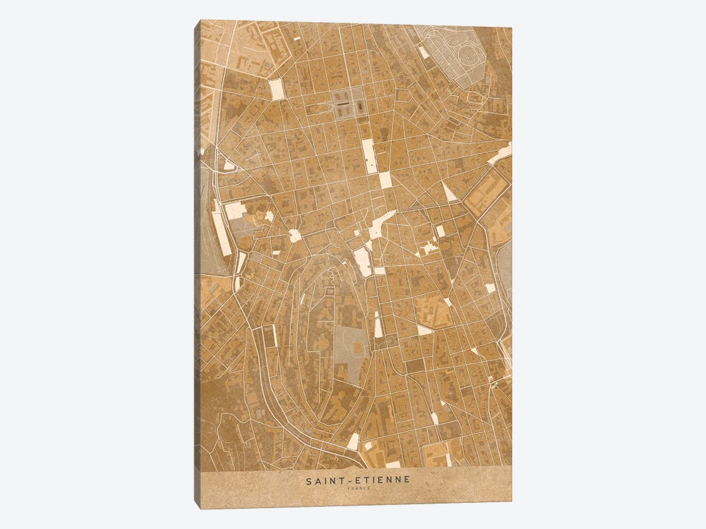 Sepia Vintage Map Of Saint Etienne Downtown (France) by blursbyai 1-piece Canvas Artwork