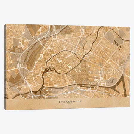 Sepia Vintage Map Of Strasbourg Downtown (France) Canvas Print #RLZ595} by blursbyai Canvas Wall Art