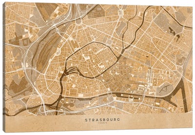 Sepia Vintage Map Of Strasbourg Downtown (France) Canvas Art Print