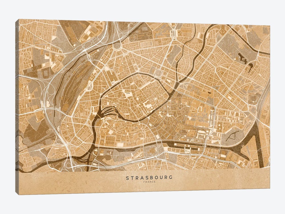 Sepia Vintage Map Of Strasbourg Downtown (France) by blursbyai 1-piece Canvas Artwork