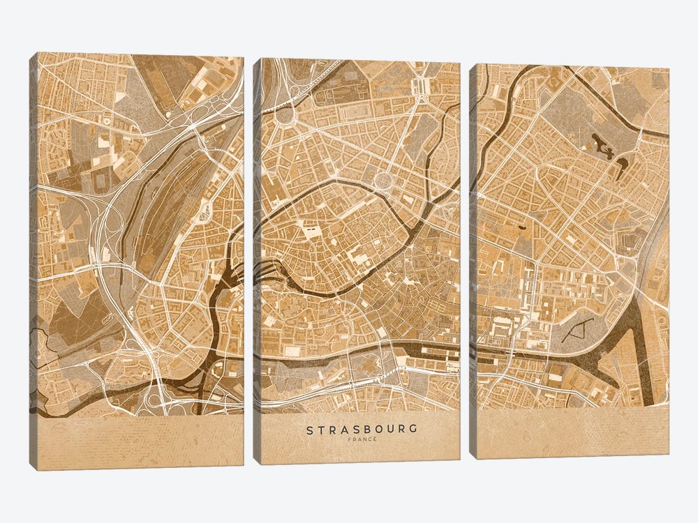 Sepia Vintage Map Of Strasbourg Downtown (France) by blursbyai 3-piece Canvas Artwork