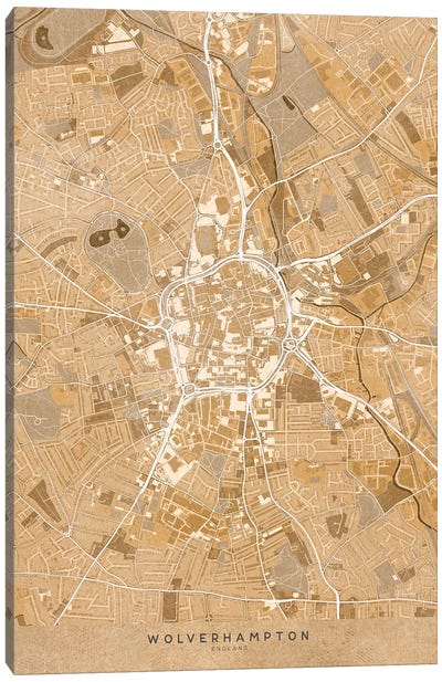 Map Of Wolverhampton (England) In Sepia Vintage Style Canvas Art Print - blursbyai