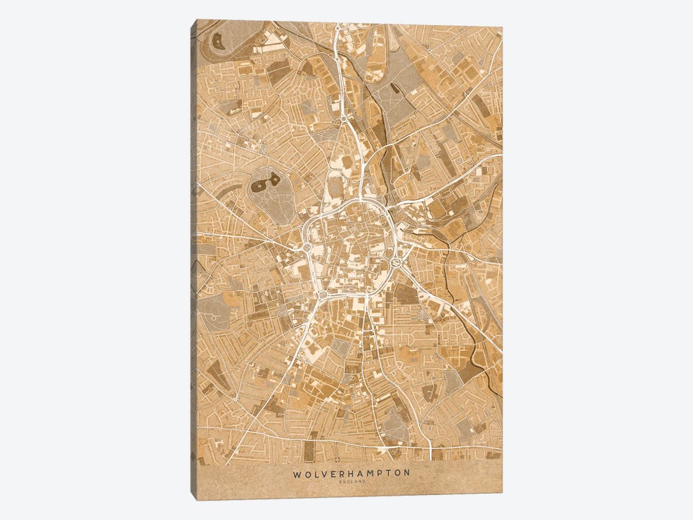 Map Of Wolverhampton (England) In Sepia Vintage Style by blursbyai 1-piece Canvas Art