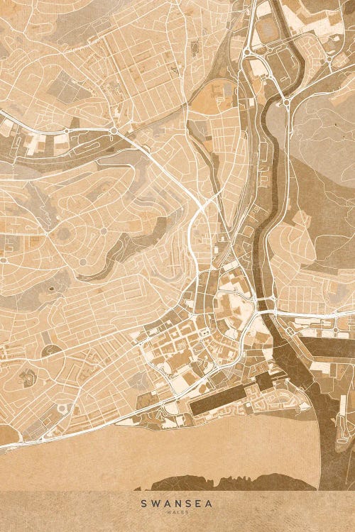 Map Of Swansea (England) In Sepia Vintage Style