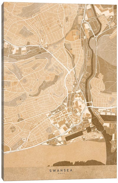 Map Of Swansea (England) In Sepia Vintage Style Canvas Art Print - blursbyai