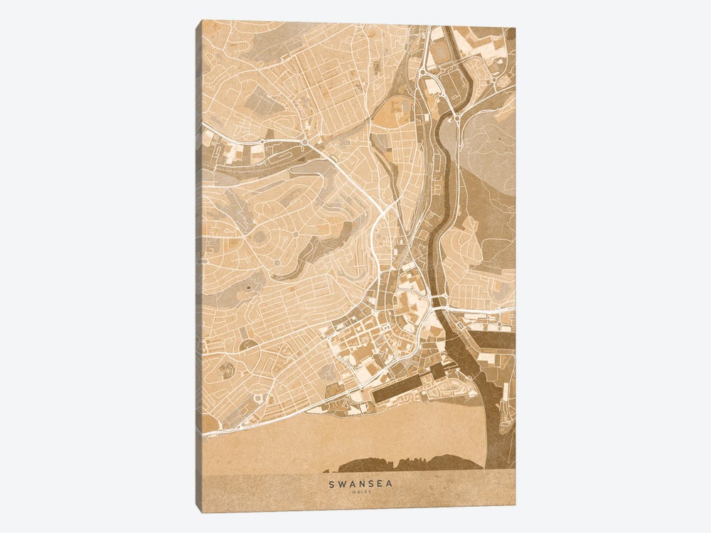 Map Of Swansea (England) In Sepia Vintage Style by blursbyai 1-piece Canvas Print