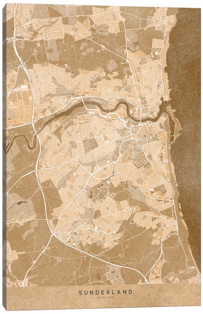 Map Of Sunderland (England) In Sepia Vintage Style Canvas Art Print - blursbyai