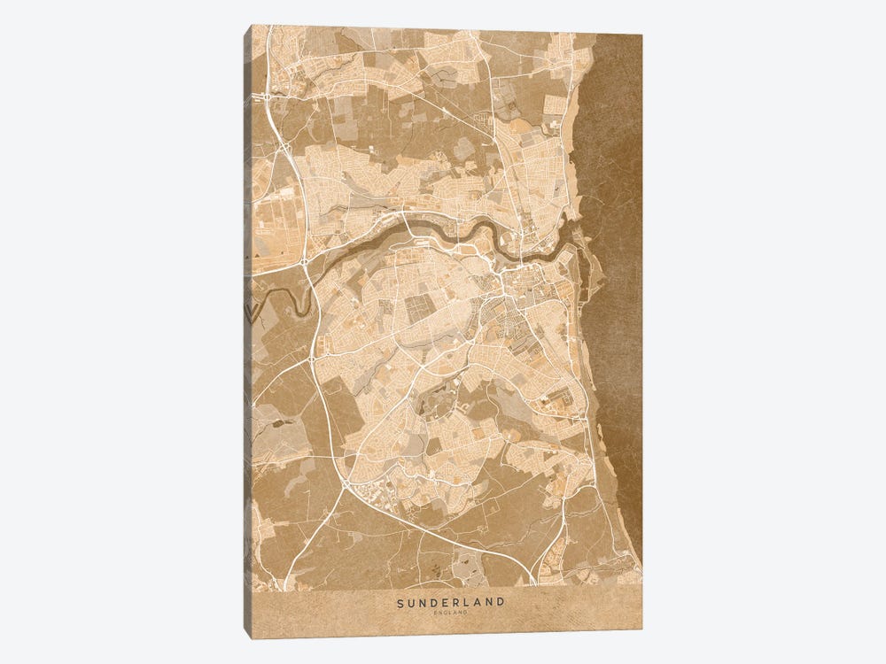 Map Of Sunderland (England) In Sepia Vintage Style by blursbyai 1-piece Canvas Wall Art